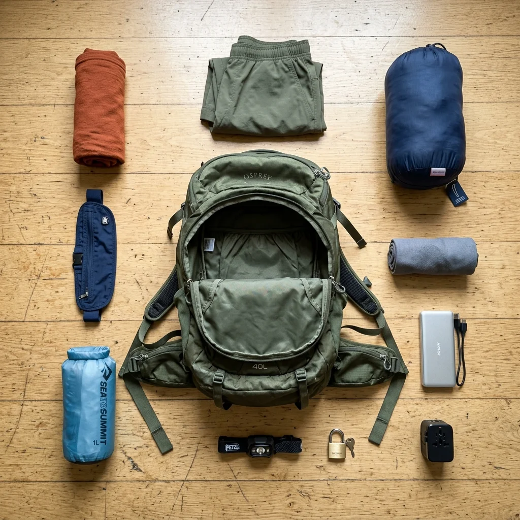 Everything that fits in a 40L: merino top, quick-dry shorts, packable down, microfibre towel, dry bag, headlamp, padlock, power bank, adapter